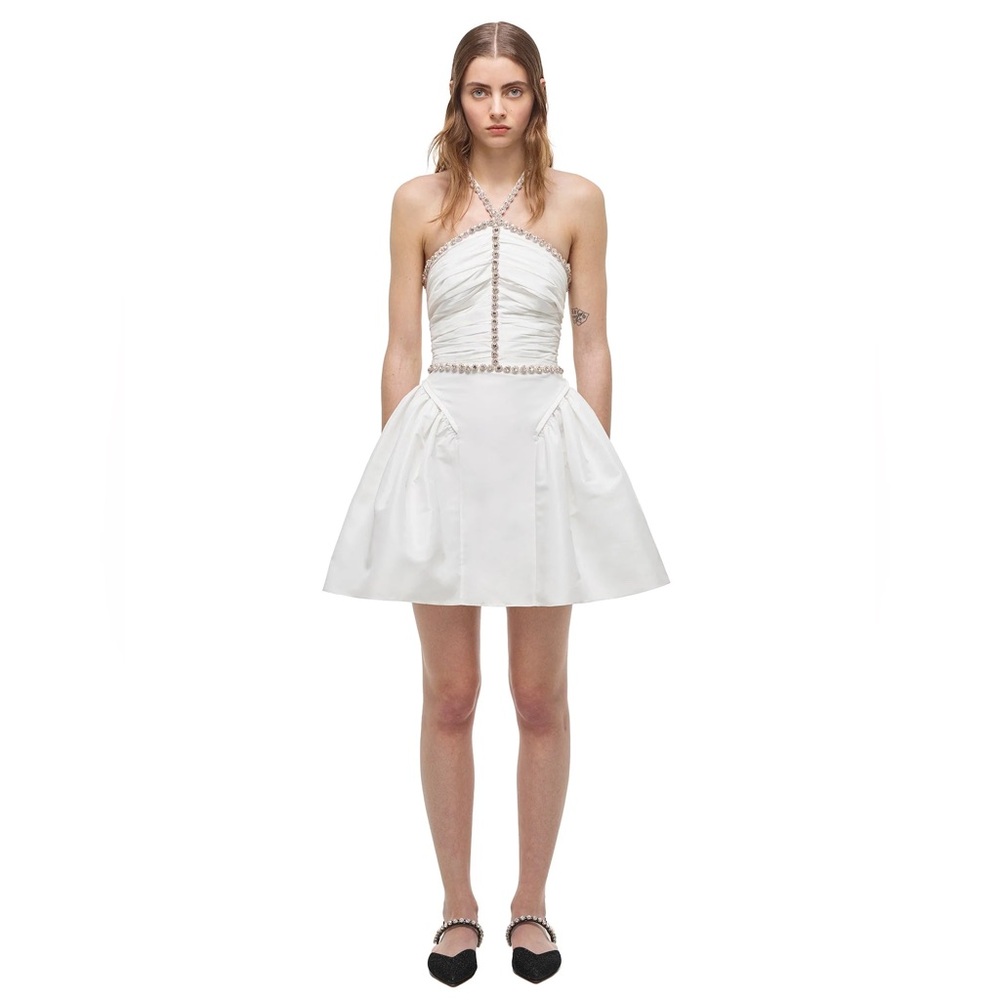 Self-Portrait White Tafetta Diamante Mini Dress